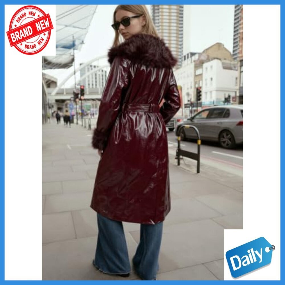 Leather Coat with Faux Fur Trim, Belted Long Overcoat, Slim Fit - Picture 3 of 7